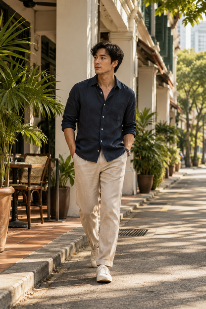 AI-generated editorial concept: navy linen shirt styled on a Singapore street